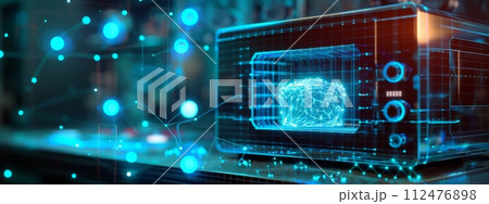 AI-generated content. Futuristic cooking, microwave device with advanced technology of prepare the food, modern cooking concept 112476898