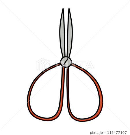 Doodle style metal scissors with red handles, for gardening, hobby or crafting, vector 112477107