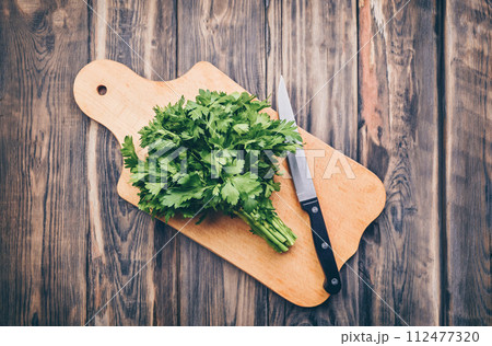 Diet. flat lay. Fresh herbs, green onions, spinach, dill, parsley and vegetables. 112477320