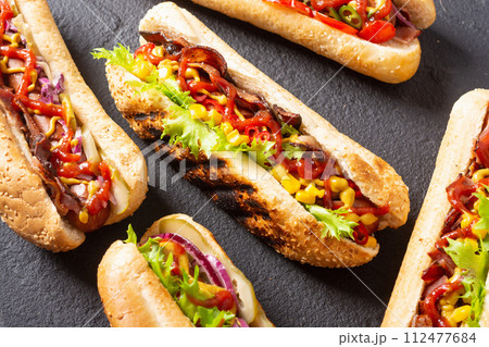 Hot dog . Traditional american fast food . 112477684