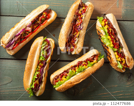 Hot dog . Traditional american fast food . 112477686