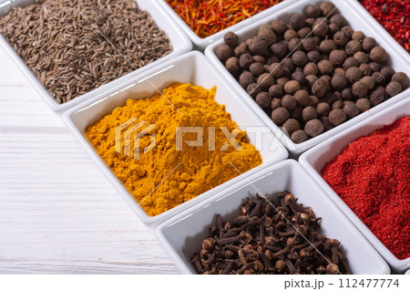 Mix of spices . Indian food background 112477774