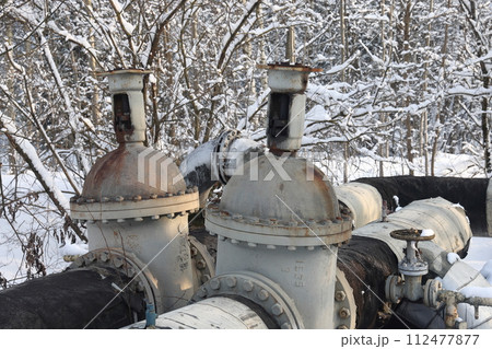 The main provides the city with hot water. Selective focus. The pipes of the central heating system 112477877