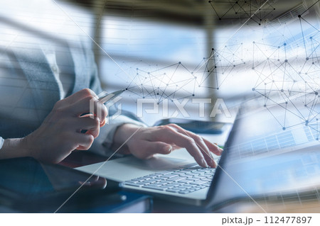 Double exposure of businesswoman in office and city . 112477897