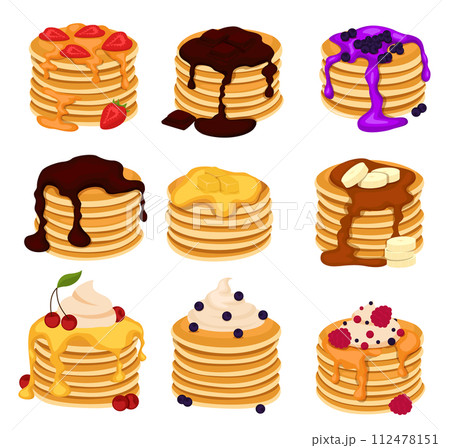 Set of four pancakes with different toppings. Stacks of tasty pancakes with maple syrup, butter, chocolate syrup, fruits and jam. Hotcake morning cuisine. 112478151