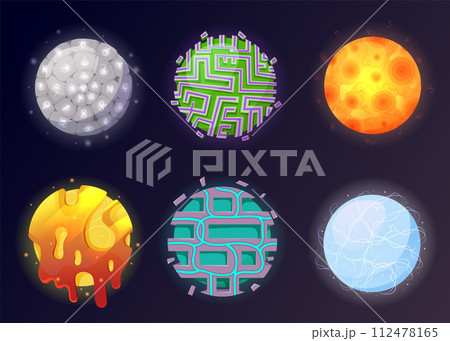 Magical game orbs with glowing neon effect. Magic crystal balls, energy spheres with light effect. Witchcraft glass orbs glowing isolated on dark background 112478165