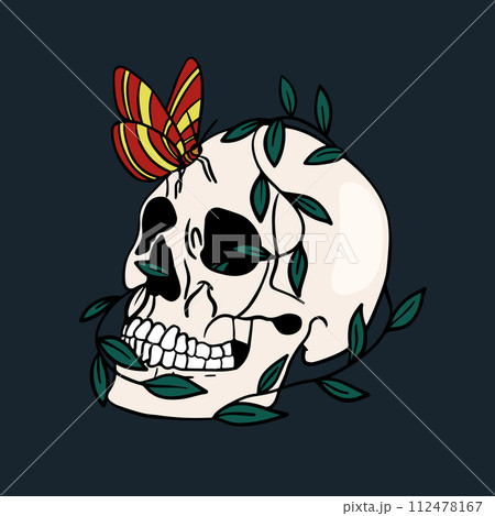 Skull design. Bright Magic Psychedelic Mushrooms and skulls. Tattoo template of skull Skull design. Bright Magic Psychedelic Mushrooms and skulls. Tattoo template of skull 112478167