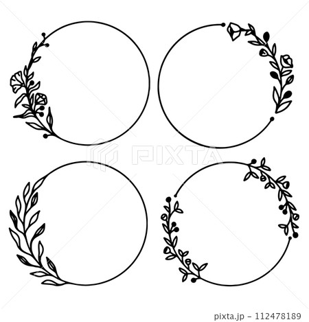 Hand drawn floral frames with flowers, branch and leaves. Botanical wreath. Laurel plant leaf, floral frame, round olive leaves, branch for greek wedding, crest logo. 112478189