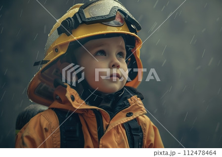 A young child wearing a yellow fireman's hat 112478464