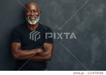 A man with a beard and a black shirt is smiling and posing for a picture 112478588