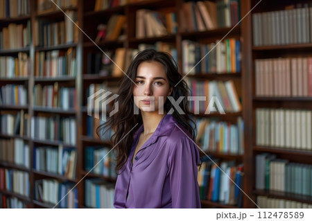 A woman is standing in front of a library with many books 112478589