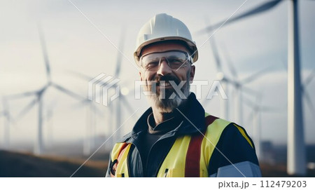 AI-generated content. Engineer in Wind Energy Landscape. Generative ai AI-generated content. Engineer in Wind Energy Landscape. Generative ai 112479203