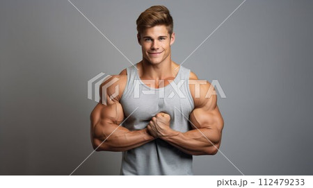AI-generated content. Showcase of Strength: Athletic Young Man Flaunting Muscular Physique. Generative ai AI-generated content. Showcase of Strength: Athletic Young Man Flaunting Muscular Physique. Generative ai 112479233