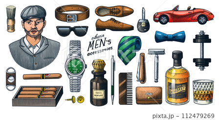 Gentleman accessories set. Hipster or businessman, victorian era, car. Engraved hand drawn vintage 112479269