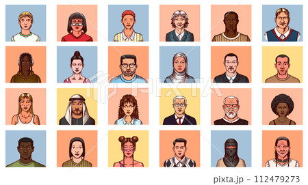 Human Avatars Collection. Faces of people. Characters set. Happy emotions. Portrait for social media 112479273