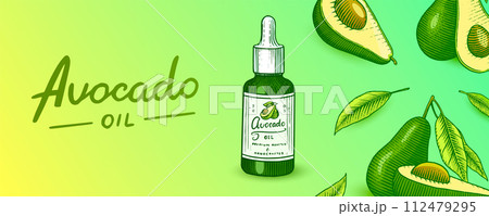 Tropical avocado. Set of evergreen fruit plant. Cosmetics for skin care. Organic oil in the bottle 112479295