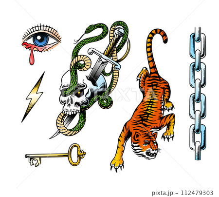 Old school Tattoo set. Snake in the skull, dagger, chain and tiger in rock style. Engraved hand Old school Tattoo set. Snake in the skull, dagger, chain and tiger in rock style. Engraved hand 112479303
