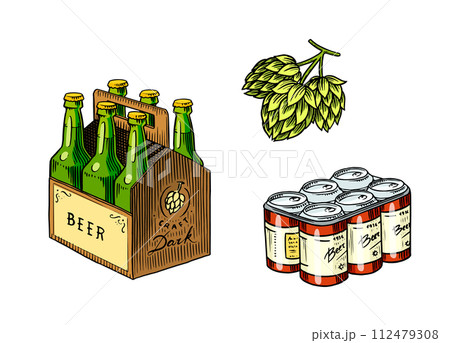 Beer glass bottle of oktoberfest. beverage packaging. Engraved in ink hand drawn in old sketch and Beer glass bottle of oktoberfest. beverage packaging. Engraved in ink hand drawn in old sketch and 112479308