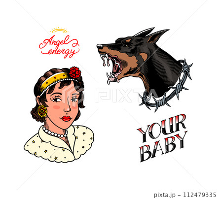 Old school Tattoo set. Woman and doberman dog in rock style. Engraved hand drawn vintage retro Old school Tattoo set. Woman and doberman dog in rock style. Engraved hand drawn vintage retro 112479335