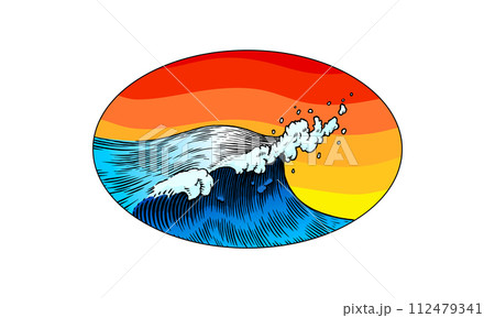 Atlantic tidal waves and red sun. Vintage old engraved hand drawn labels. Japanese style for banner 112479341