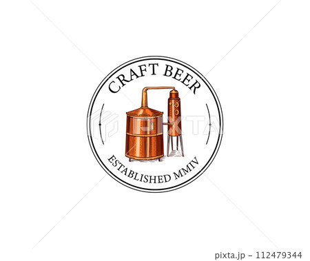 Distilled alcohol logo, emblem. Device for preparing tequila, cognac and spirits. Engraved hand 112479344
