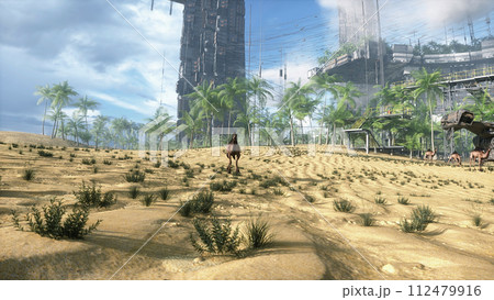 Camel walking in futuristic desert, sci fi city. Future architecture concept. 3d rendering. Camel walking in futuristic desert, sci fi city. Future architecture concept. 3d rendering. 112479916