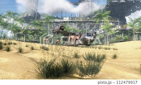 Camel walking in futuristic desert, sci fi city. Future architecture concept. 3d rendering. Camel walking in futuristic desert, sci fi city. Future architecture concept. 3d rendering. 112479917