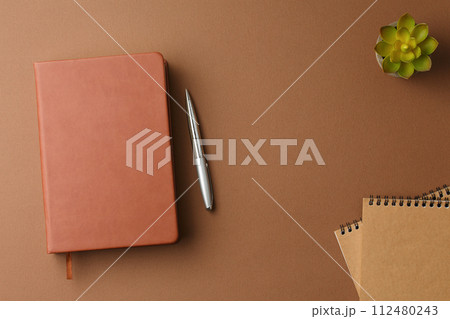 Personal diary with a pen and a potted plant. 112480243