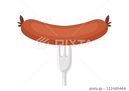 Vector Flat Sausage and Fork Closeup Isolated on a White Background. Cartoon Sausage Design Template 112480464