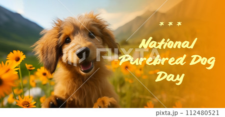 AI-generated content. Postcard National Purebred Dog Day with Text. Portrait Little Cute Puppy Of Labradoodle Sitting Outdoor in Meadow. Flowers, Mountain on Background Postal card AI Generated 112480521