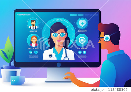 illustration of the concept of Internet telemedicine. The doctor consults the patient using online technology through a video calling app 112480565