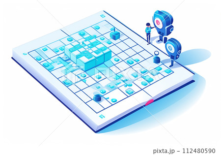 The concept of the Sudoku game, a logical combinatorial puzzle with the arrangement of numbers, illustration 112480590