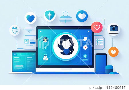 illustration of the concept of Internet telemedicine. The doctor consults the patient using online technology through a video calling app 112480615