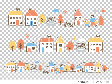 建物と噴水と自転車をと木と親子がいる風景 112480876