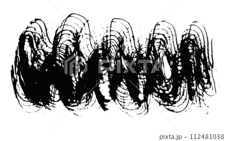 Artistic wavy textured vector black ink brush stroke border. Mysterious curve dynamic isolated grunge paintbrush for texture design, abstract sound wave background, mascara banner decor 112481038