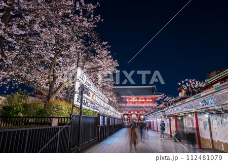 「東京都」浅草寺の仲見世通りと満開の桜・台東区 夜景 「東京都」浅草寺の仲見世通りと満開の桜・台東区 夜景 112481079