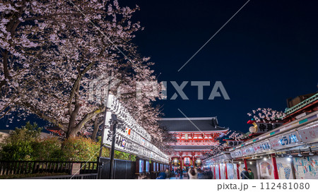 「東京都」浅草寺の仲見世通りと満開の桜・台東区　夜景 112481080