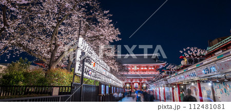 「東京都」浅草寺の仲見世通りと満開の桜・台東区 夜景 「東京都」浅草寺の仲見世通りと満開の桜・台東区 夜景 112481081