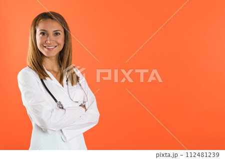 Doctor student smiles in front of the camera Doctor student smiles in front of the camera 112481239