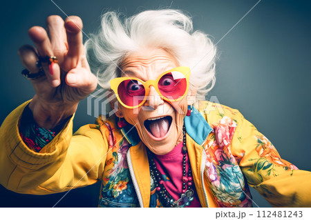 AI-generated content. An elderly woman in sunglasses and a yellow jacket making a funny face 112481243