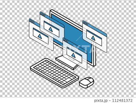 Illustration of a desktop computer with an error Isometric Illustration of a desktop computer with an error Isometric 112481372
