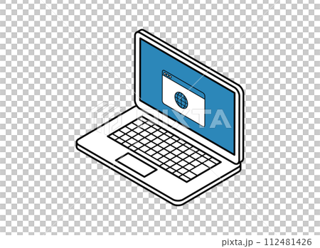Isometric illustration of a computer with a web browser screen displayed 112481426