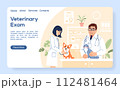 Veterinary exam landing page. Two young veterinarians with dog and cat examining cute animals on pet hospital background. Flat line website template. Vet clinic internet page vector illustration. 112481464