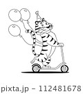 Happy tiger rides kick scooter coloring page. Wild cat with balloons black and white outline for children drawing. Cute character sketch. Kids preschool activity worksheet design illustration. 112481678