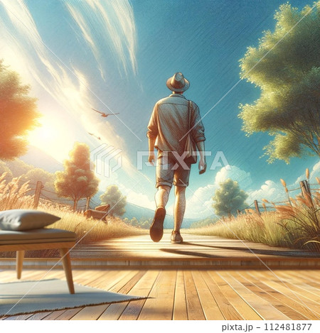 ある日の夕方に旅立つ男性 112481877