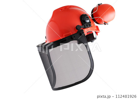 Tree felling helmet with ear defenders raised 112481926