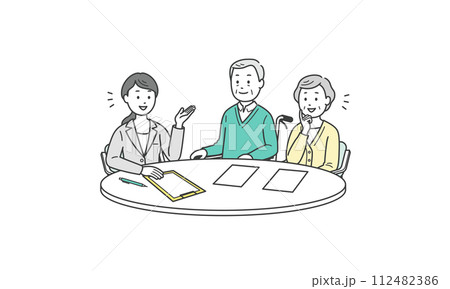 スーツ姿の女性から説明を受ける高齢者男女夫婦イラスト 112482386
