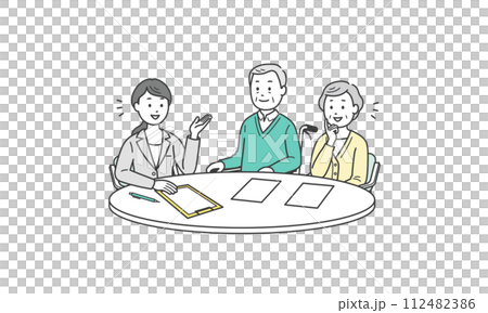 スーツ姿の女性から説明を受ける高齢者男女夫婦イラスト 112482386
