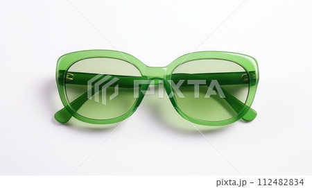 AI-generated content. Fashionable Vintage Green Sunglasses with Four-Leaf Clovers on white background. St Patricks Day 112482834