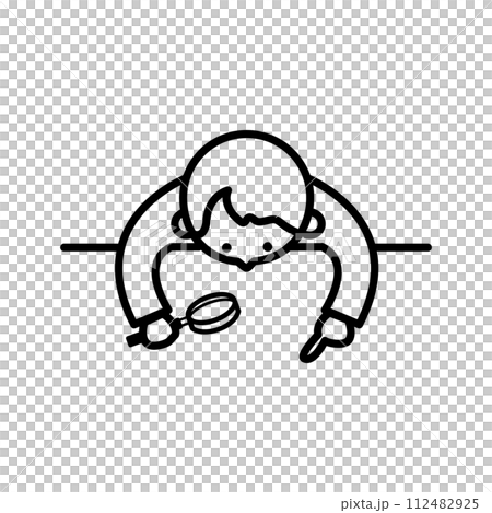 虫眼鏡でのぞく人のイラスト モノクロ線画 01 虫眼鏡でのぞく人のイラスト モノクロ線画 01 112482925